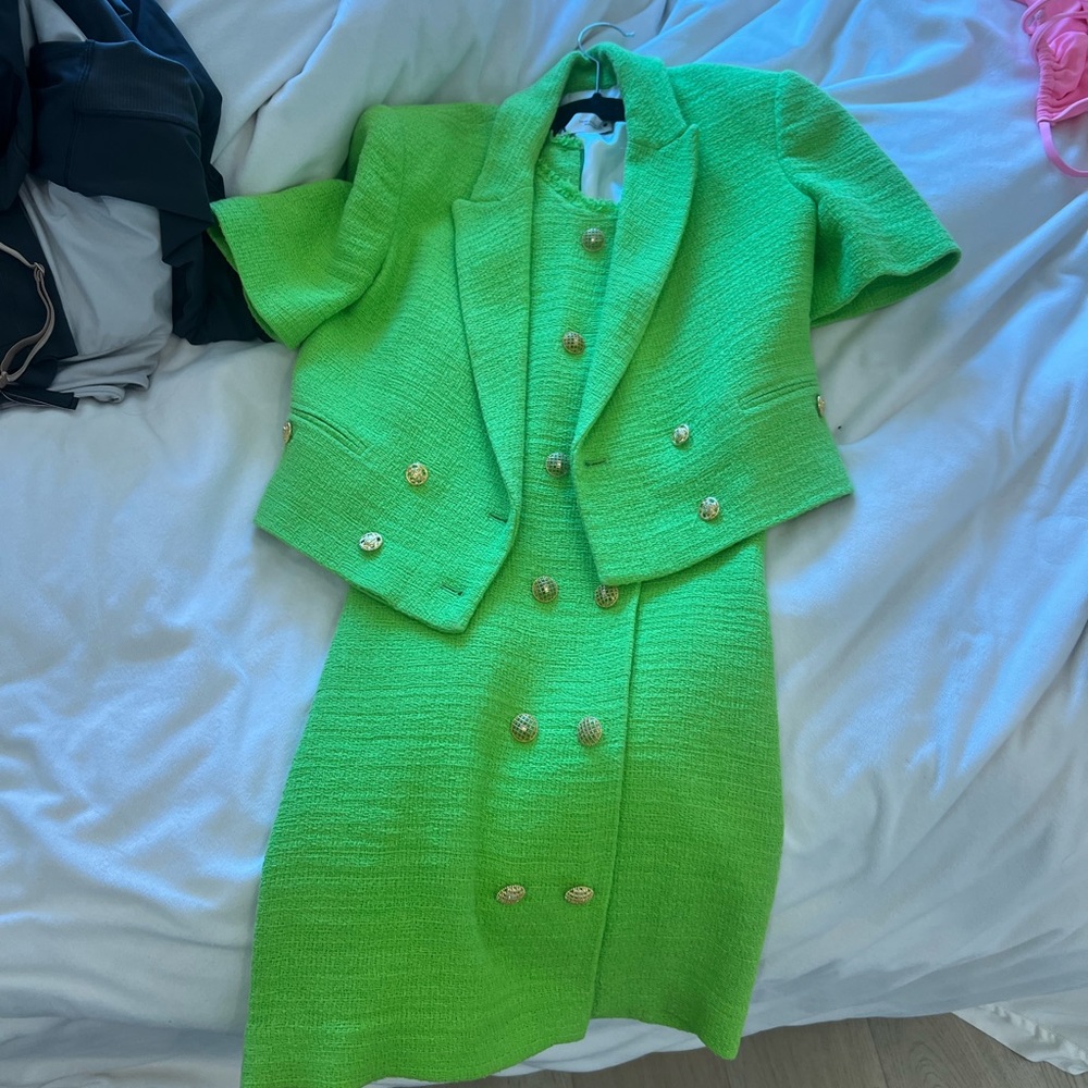 Lime XS Green Zara 2 Piece Cropped Blazer and Mini Tweed Set